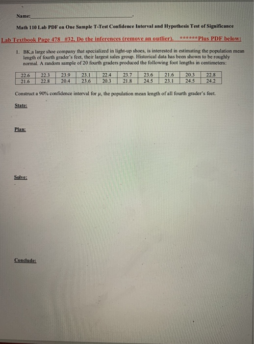 Solved Name: Math 110 Lab PDF on One Sample T-Test | Chegg.com