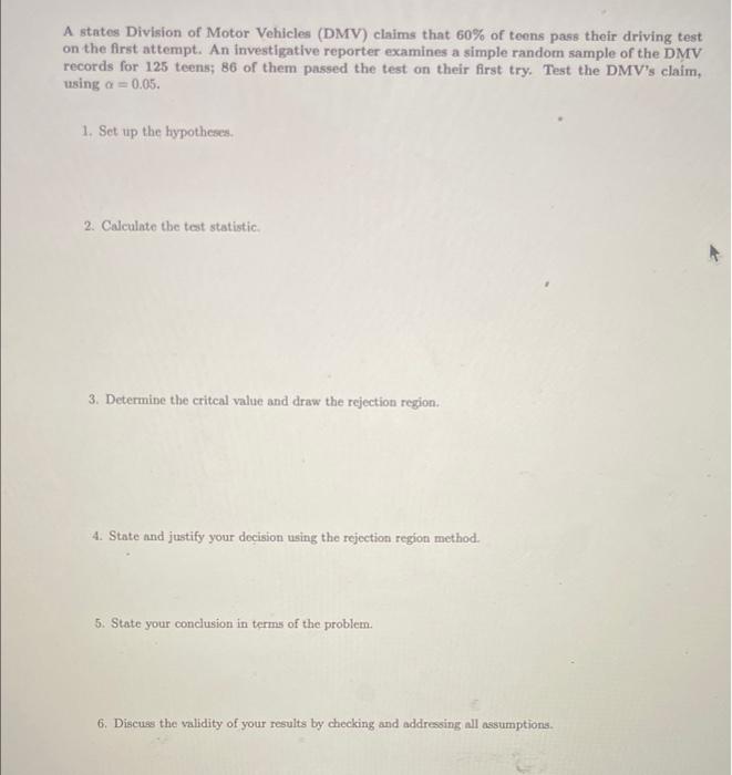 Solved A states Division of Motor Vehicles (DMV) claims that | Chegg.com