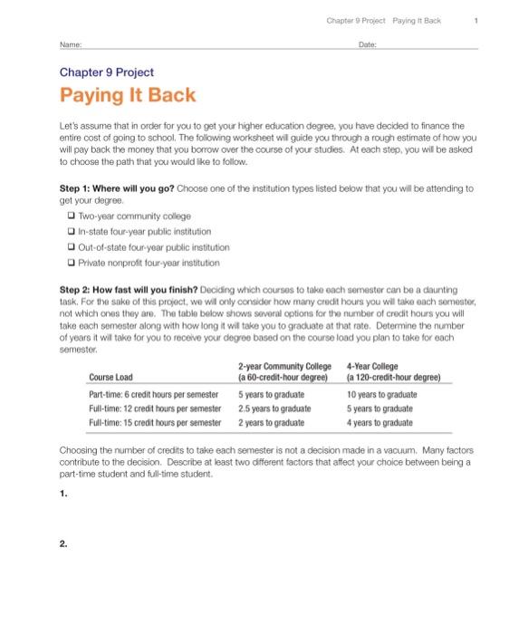 Solved Chapter 9 Project Paying It Back Name: Date: Chapter | Chegg.com
