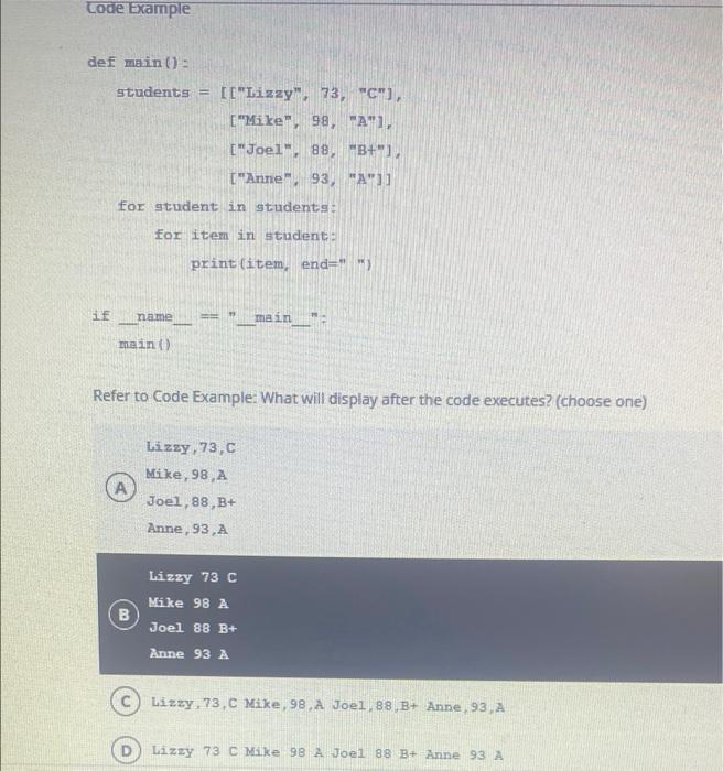 Solved Code Example def main() students = [[Lizzy. 73