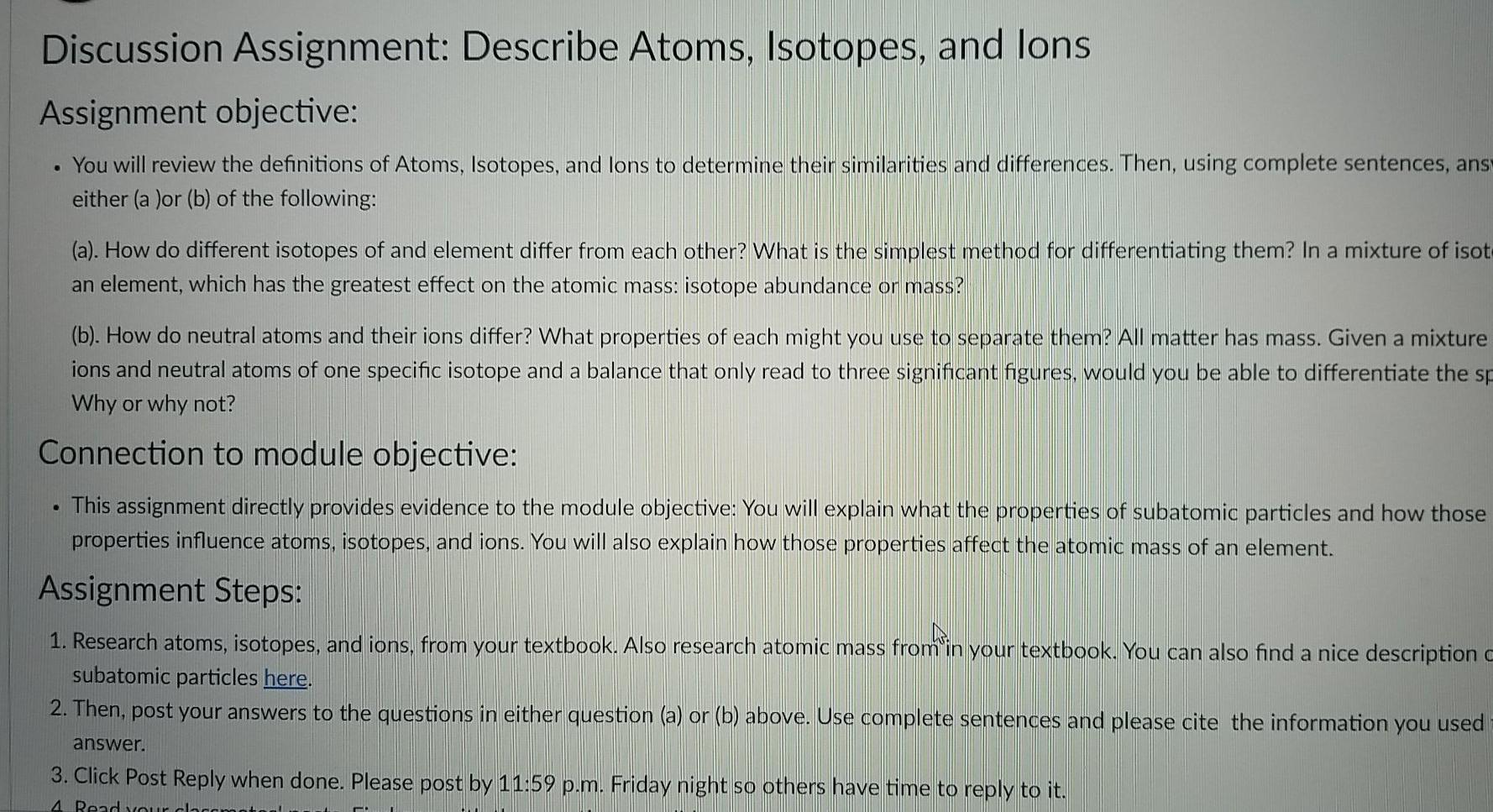 Solved Discussion Assignment: Describe Atoms, Isotopes, and | Chegg.com