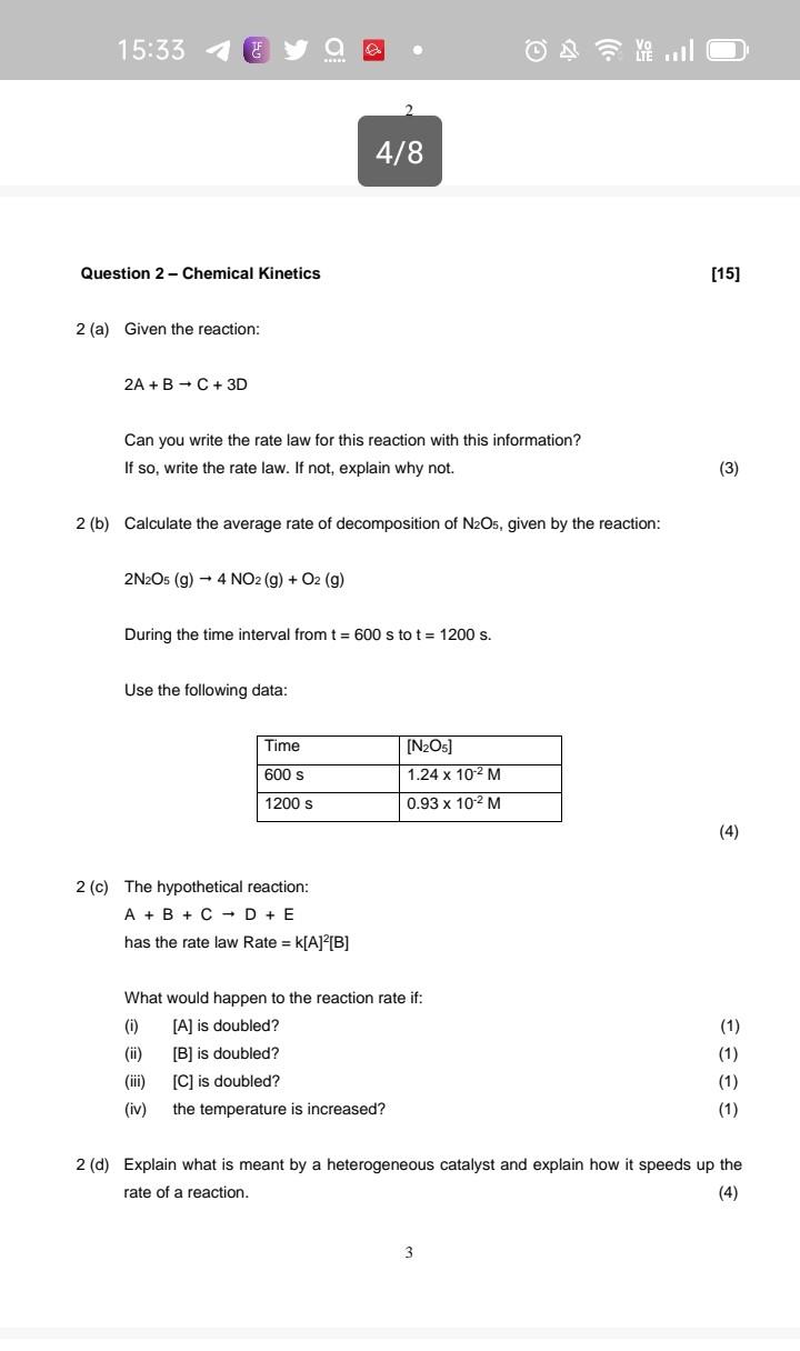 Solved 2 (a) Given the reaction: 2A+B→C+3D Can you write the | Chegg.com