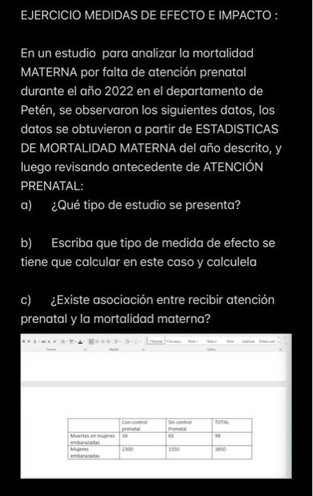 EJERCICIO MEDIDAS DE EFECTO E IMPACTO : En un estudio para analizar la mortalidad MATERNA por falta de atención prenatal dur