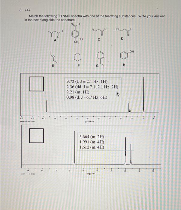 Solved 6. (4) Match the following 'H NMR spectra with one of | Chegg.com