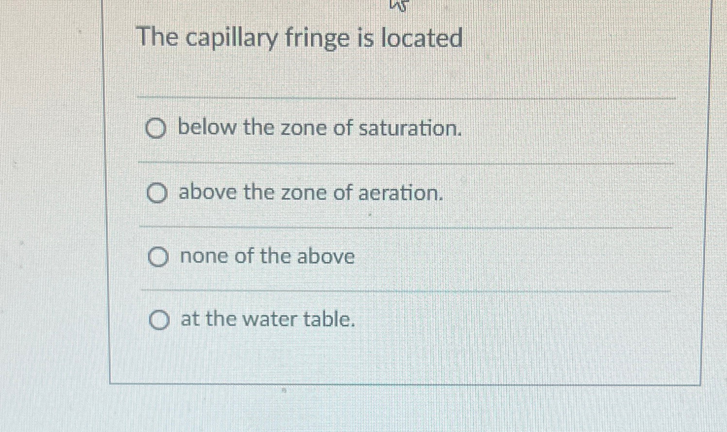 Solved The capillary fringe is locatedq,below the zone of