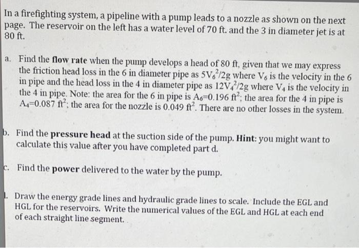 Solved In a firefighting system, a pipeline with a pump | Chegg.com