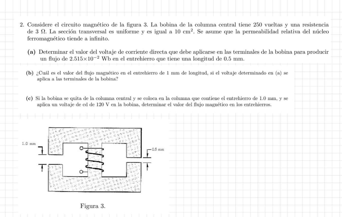 2. Considere el circuito magnético de la figura 3 . La bobina de la columna central tiene 250 vueltas y una resistencia de \(