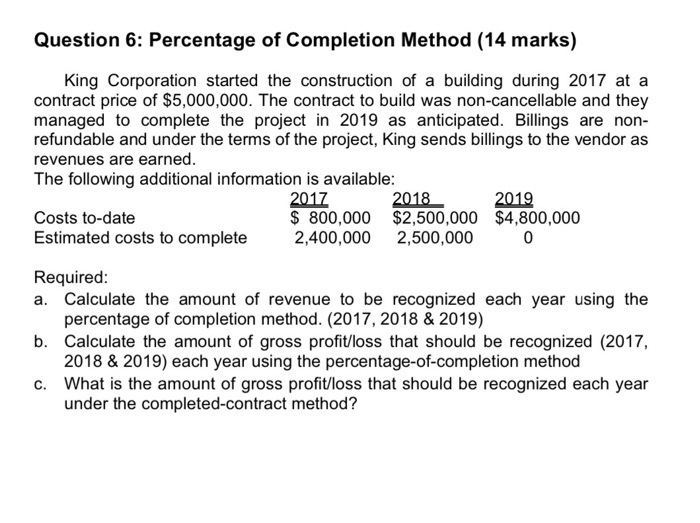 Solved Question 6: Percentage of Completion Method (14 | Chegg.com