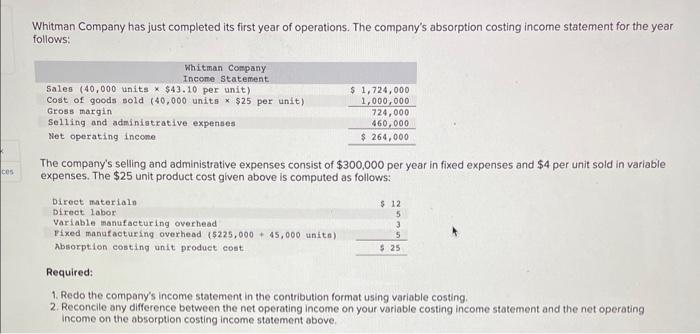 Solved Whitman Company has just completed its first year of | Chegg.com