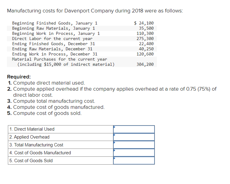 Solved Manufacturing costs for Davenport Company during 2018