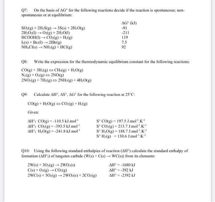 Solved Q7: On the basis of AGº for the following reactions | Chegg.com