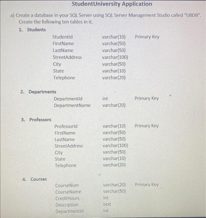 Solved StudentUniversity Application a) Create a database in | Chegg.com
