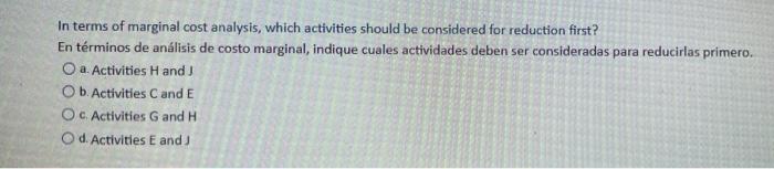 In terms of marginal cost analysis, which activities should be considered for reduction first? En términos de análisis de cos