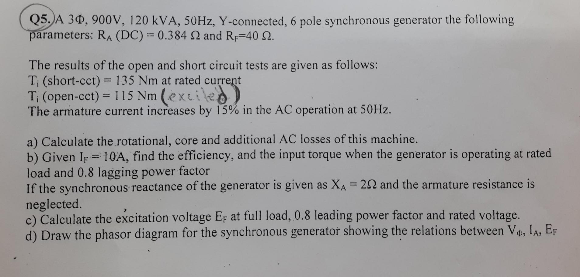 Solved Q5. A 3Φ,900 V,120kVA,50 Hz,Y-connected, 6 pole | Chegg.com