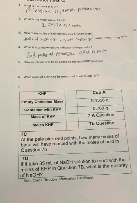 Solved Titration: 1. What is the name of KHP? Potassium | Chegg.com