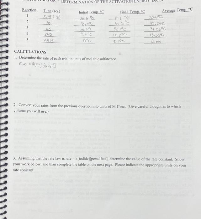 CALCULATIONS 1. Determine the rate of each trial in | Chegg.com