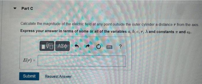 Calculate the magnitude of the electric field at any point outside the outer cylinder a distance \( r \) from the axis. Expre