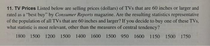 Solved 11. TV Prices Listed below are selling prices | Chegg.com