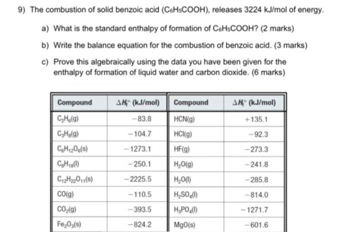 Solved 9) The combustion of solid benzoic acid (C6HsCOOH), | Chegg.com