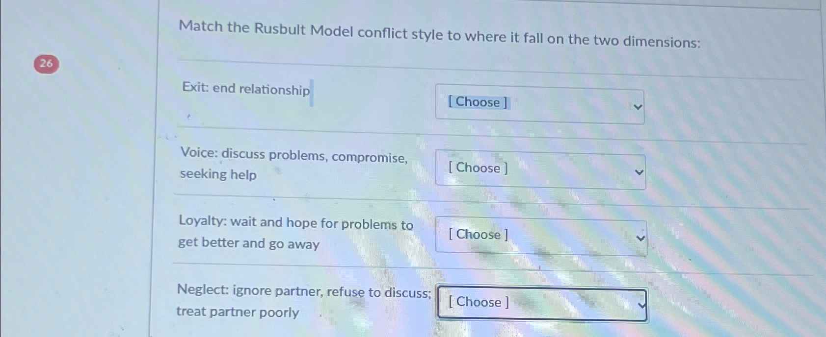 Solved Match the Rusbult Model conflict style to where it | Chegg.com