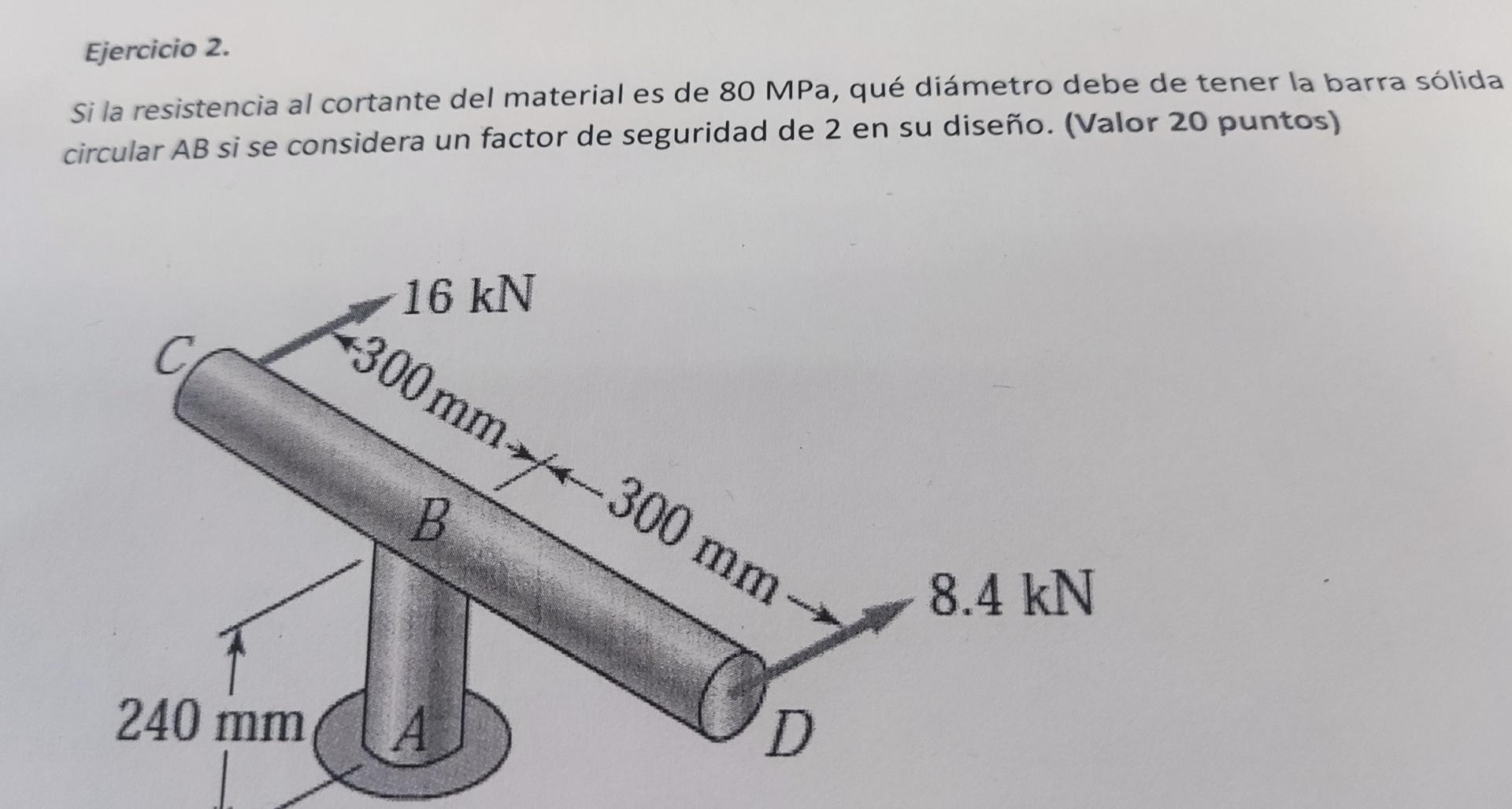 Si la resistencia al cortante del material es de \( 80 \mathrm{MPa} \), qué diámetro debe de tener la barra sólida circular \