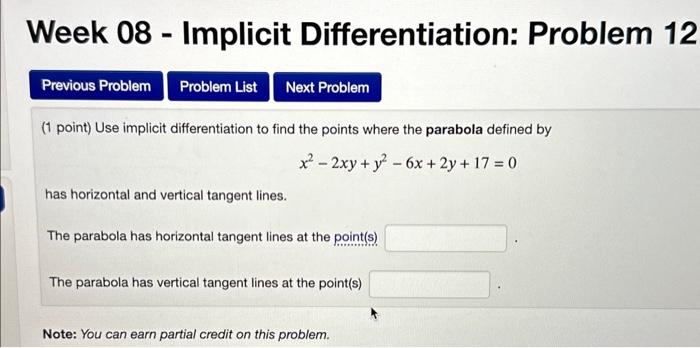 Solved Week 08 - Implicit Differentiation: Problem 12 (1 | Chegg.com