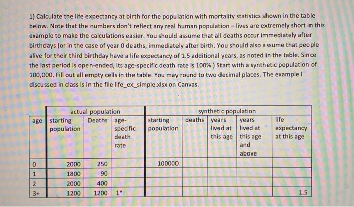 1 calculate the life expectancy at birth for the chegg