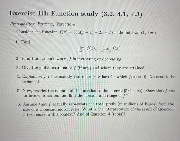 Solved Exercise III: Function study (3.2,4.1,4.3) | Chegg.com