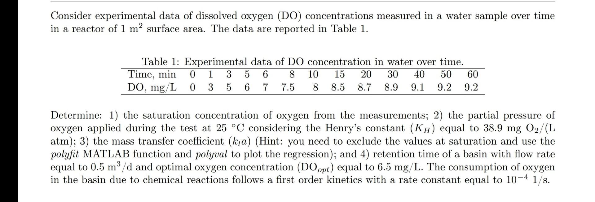 Consider experimental data of dissolved oxygen (DO) | Chegg.com