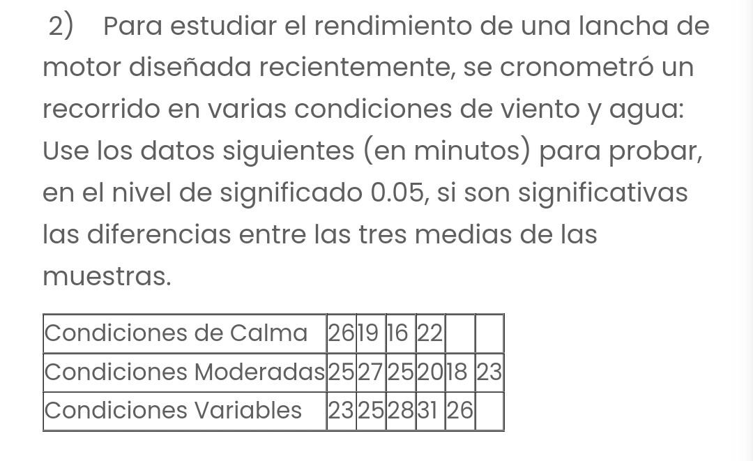 2) Para estudiar el rendimiento de una lancha de motor diseñada recientemente, se cronometró un recorrido en varias condicion