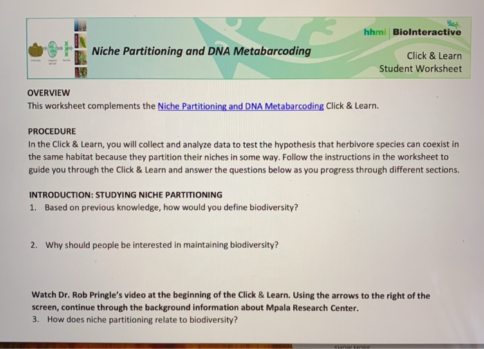 Solved hhmi Biolnteractive Niche Partitioning and DNA | Chegg.com