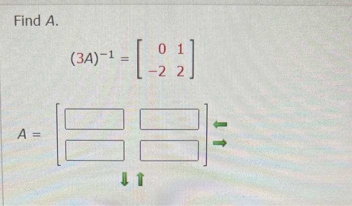 Solved Find A. (3A)−1=[0−212] A=[⇓1]⇒ | Chegg.com