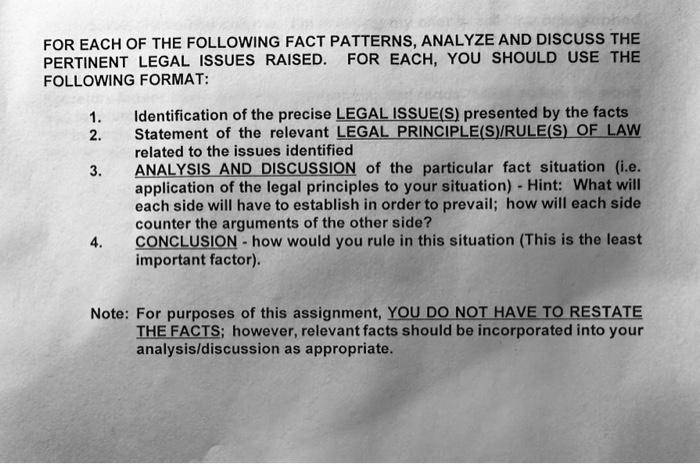 Solved FOR EACH OF THE FOLLOWING FACT PATTERNS, ANALYZE AND | Chegg.com