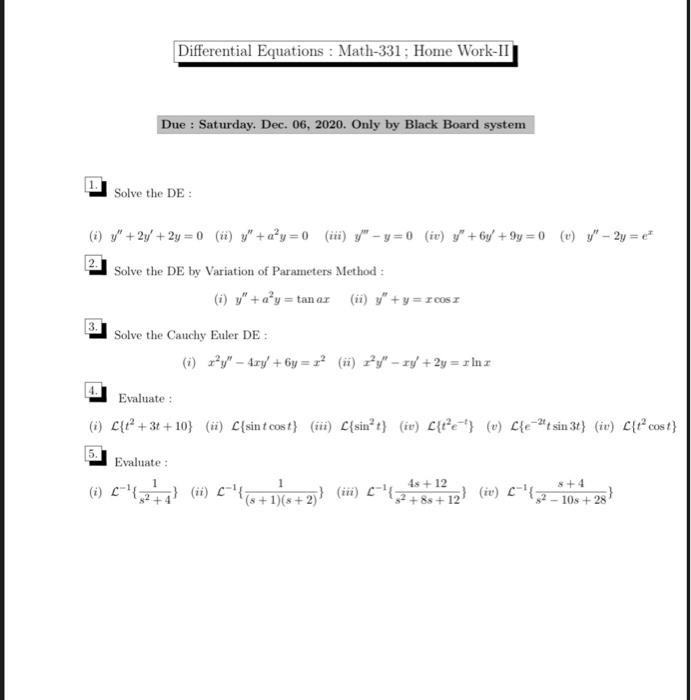 Solved Differential Equations : Math-331 : Home Work-II Due | Chegg.com