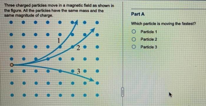 Three charged particles move in a magnetic field as shown in the figure. All the particles have the same mass and the same ma