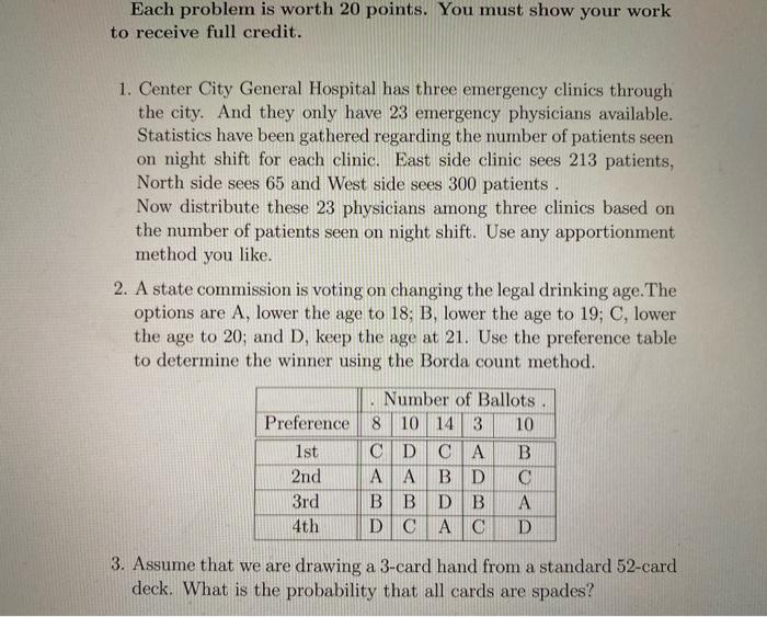 Solved Each problem is worth 20 points. You must show your | Chegg.com