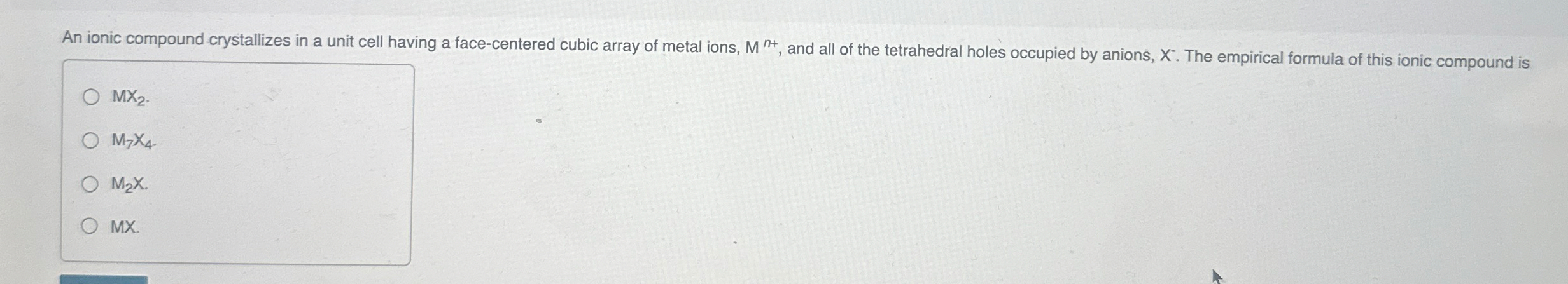 Solved An ionic compound crystallizes in a unit cell having | Chegg.com