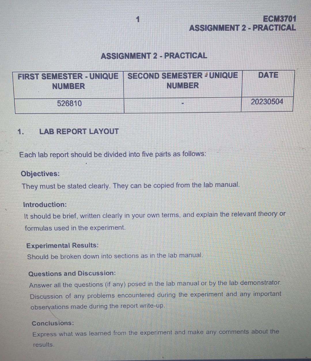 Solved ASSICNMENT 2 - PRACTICAL 1. LAB REPORT LAYOUT Each | Chegg.com