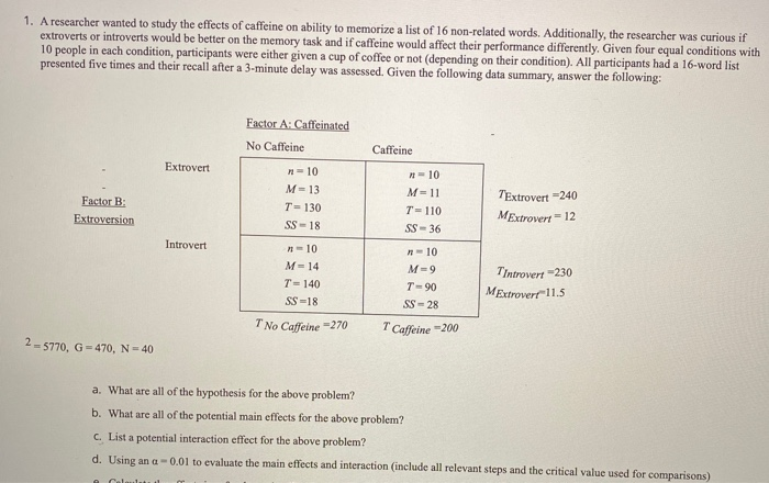 Solved 1. A researcher wanted to study the effects of | Chegg.com