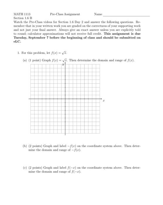Solved MATH 1113 Pre-Class Assignment Name Section 1.6 B | Chegg.com