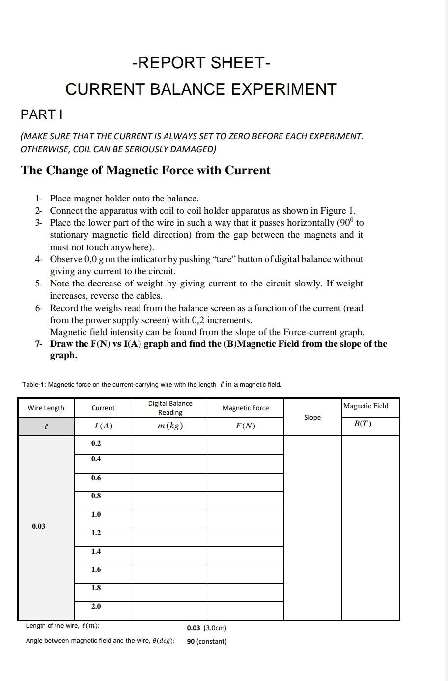 Solved -REPORT SHEET- CURRENT BALANCE EXPERIMENT PARTI (MAKE | Chegg.com