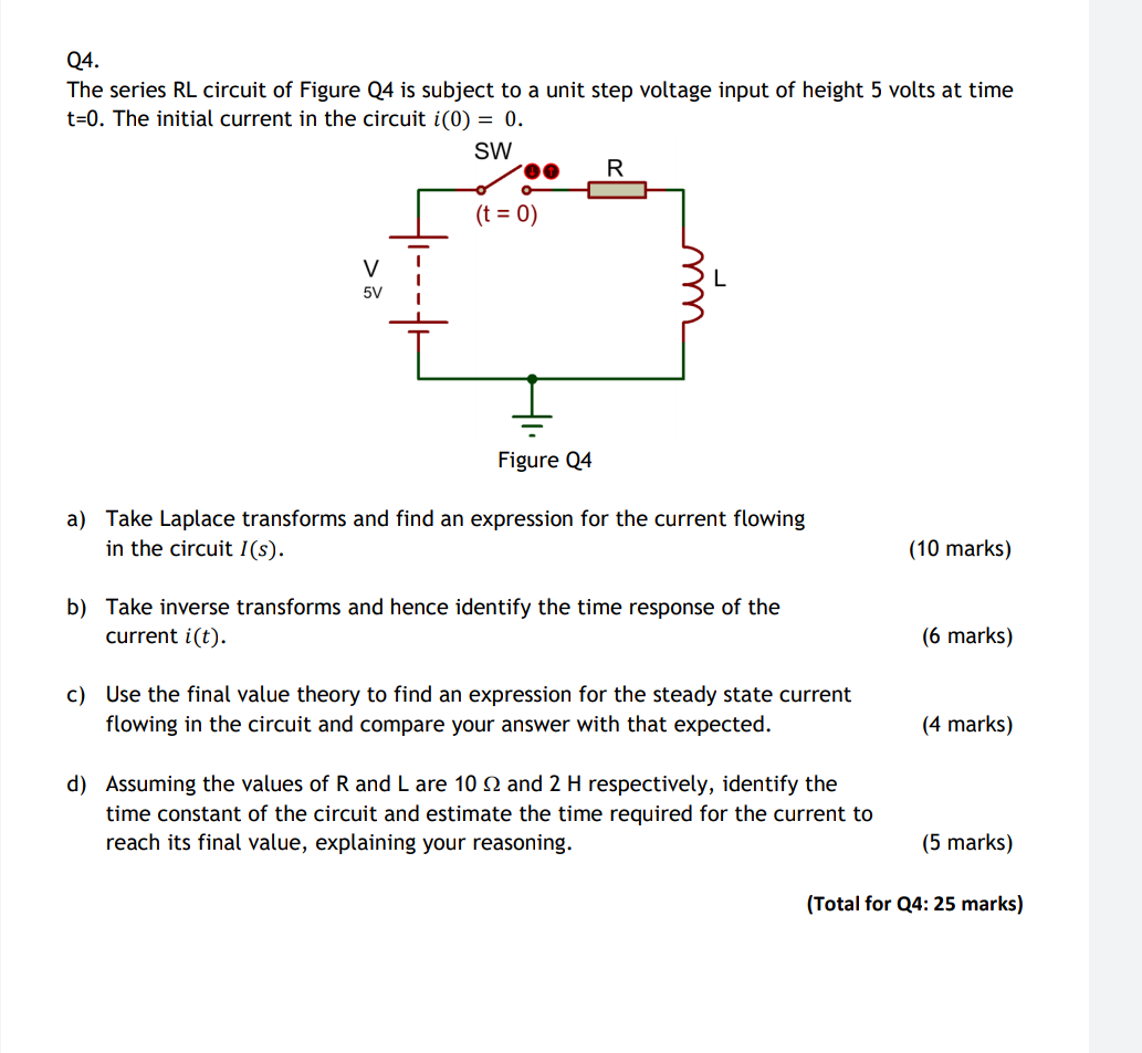 Solved The series RL circuit of Figure Q4 is subject to a | Chegg.com