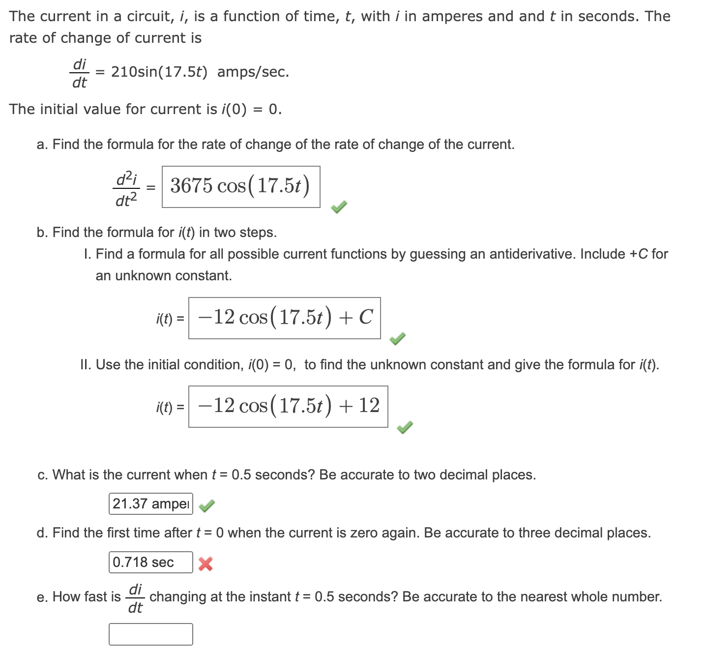 The current in a circuit, i, ﻿is a function of time, | Chegg.com