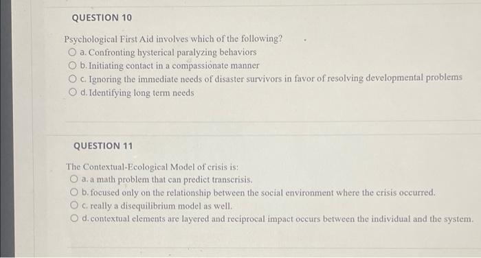 Solved Psychological First Aid involves which of the | Chegg.com