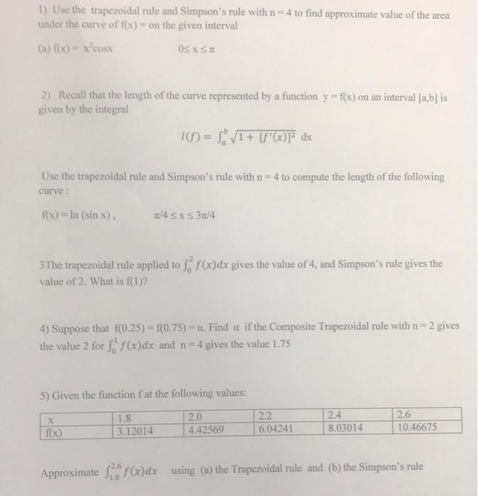 Solved 1) Use the trapezoidal rule and Simpson's rule with | Chegg.com