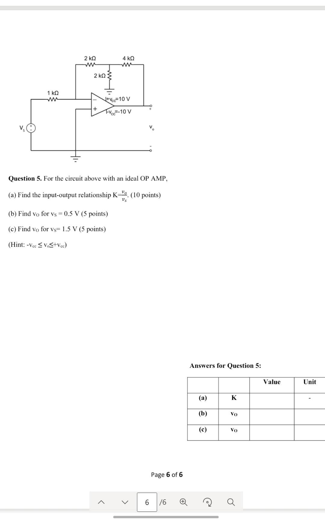 Solved Question 5. For the circuit above with an ideal OP | Chegg.com
