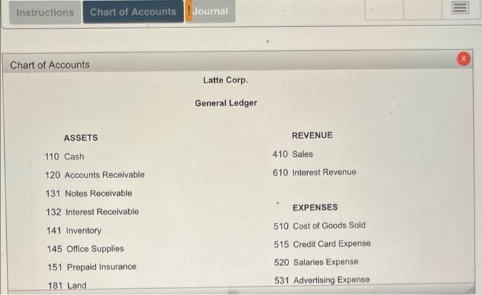 Instructions
Chart of Accounts
Chart of Accounts Journal
ASSETS
110 Cash
120 Accounts Receivable
131 Notes Receivable
132 Int