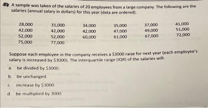 Solved A sample was taken of the salaries of 20 employees | Chegg.com