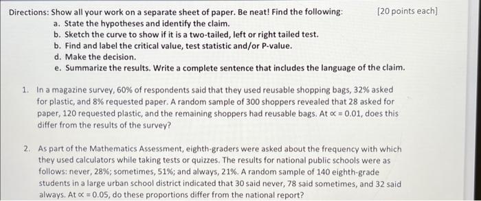 Solved Directions: Show all your work on a separate sheet of | Chegg.com