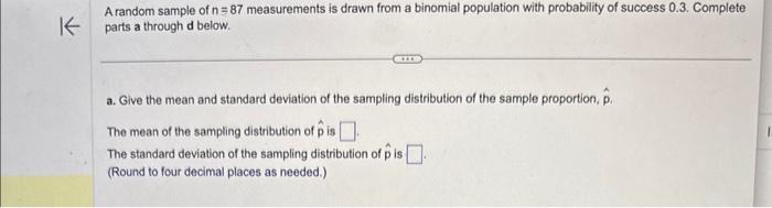 Solved A random sample of n=87 measurements is drawn from a | Chegg.com